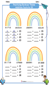 Practicing Rainbow Theme Addition Facts to 20 Worksheets 