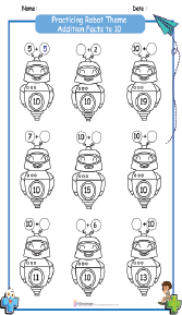 Practicing Robot Theme Addition Facts to 10 Worksheets 