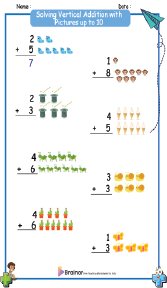 Solving Vertical Addition with Pictures up to 10 Worksheets