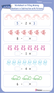 Worksheet on Filling Missing Numbers in Subtraction with Pictures