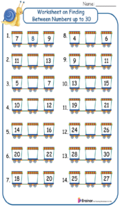 Worksheet on Finding Between Numbers up to 30