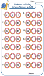 Worksheet on Finding Between Numbers up to 50