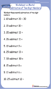 Worksheet on Mental Subtraction of Two-Digit Numbers