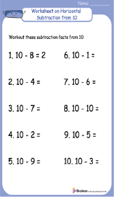 Worksheet on Horizontal Subtraction from 10 