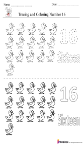 Tracing and Coloring Number 16 Worksheet