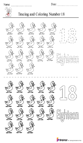 Tracing and Coloring Number 18 Worksheet