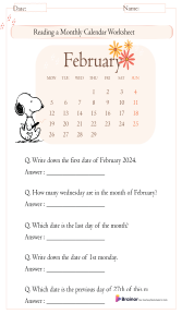 Worksheet on Reading Monthly Calendar