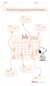 Worksheet for Writing Dates by Reading Monthly Calendar