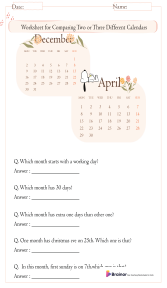 Worksheet on Comparing Monthly Calendar