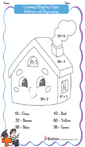 Coloring 2 Digit by 1 Digit Addition with Regrouping Worksheets 