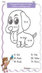Coloring Animals by Two Digit Addition with Regrouping Worksheets 