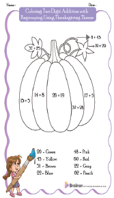 Coloring Two Digit Addition with Regrouping Using Thanksgiving Theme Worksheets 
