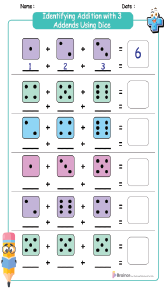 Identifying Addition with 3 Addends Using Dice Worksheets 