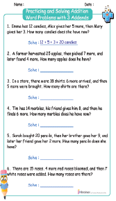 Practicing and Solving Addition Word Problems with 3 Addends Worksheets