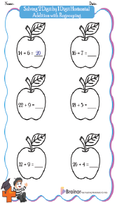 Solving 2 Digit by 1 Digit Horizontal Addition with Regrouping Worksheets