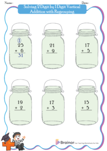 Solving 2 Digit by 1 Digit Vertical Addition with Regrouping Worksheets