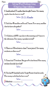 Solving Word Problems Using 2 Digit by 1 Digit Addition Worksheets 