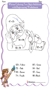 Winter Coloring Two Digit Addition with Regrouping Worksheets 