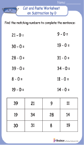 Cut and Paste Worksheet on Subtraction by 0