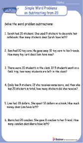 Simple Word Problems on Subtracting from 20