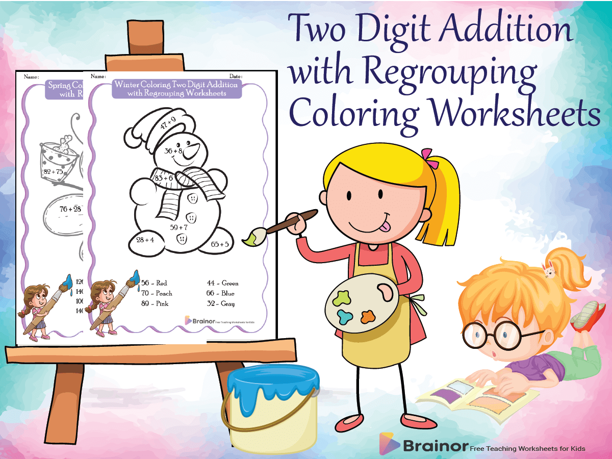 two digit addition with regrouping coloring worksheets