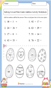 Solving Cut and Paste Easter Addition Activity Worksheets